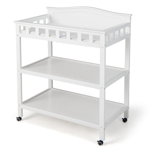 Mobile Changing Table with Waterproof Pad and 2 Open Shelves-White