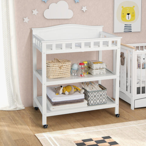 Mobile Changing Table with Waterproof Pad and 2 Open Shelves-White