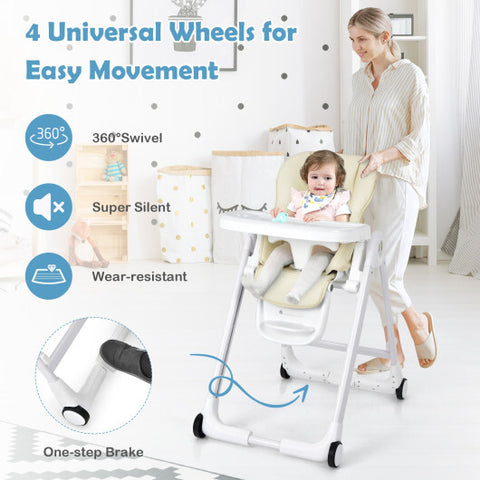 Baby Folding Convertible High Chair with Wheels and Adjustable Height-Beige