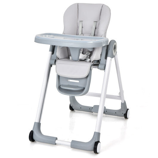 Baby Folding Convertible High Chair with Wheels and Adjustable Height-Beige