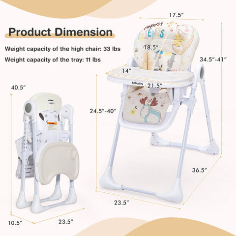 Silla alta para bebé Silla de alimentación plegable con múltiples posiciones de reclinación y altura-Beige