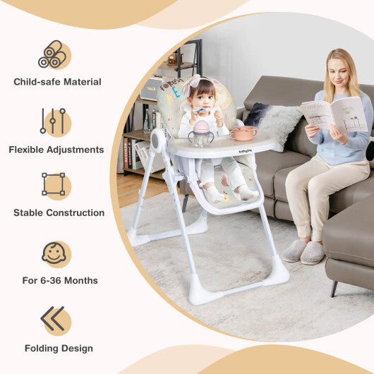 Baby High Chair Folding Feeding Chair with Multiple Recline and Height Positions-Beige