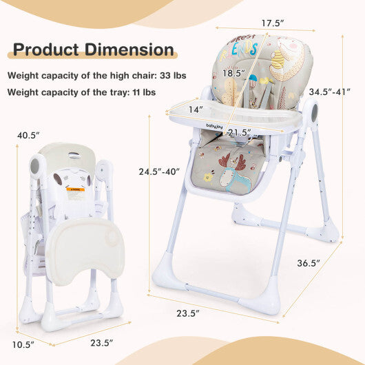 Baby High Chair Folding Feeding Chair with Multiple Recline and Height Positions-Beige