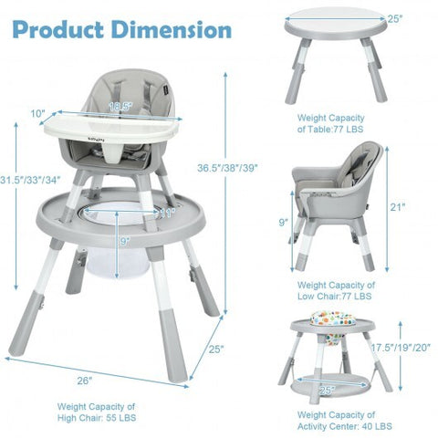 Trona para bebé 6 en 1, centro de actividades para bebés con ajuste de altura, color gris