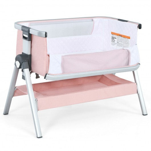 Baby Bassinet Bedside Sleeper with Storage Basket and Wheel for Newborn-Pink - Color: Pink