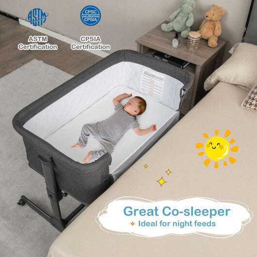 3-in-1 faltbares Baby-Nachtbett mit Matratze und 5 verstellbaren Höhen – Dunkelgrau