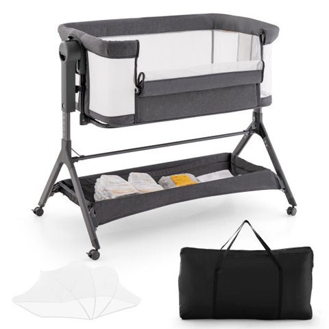 Cama junto a la cama de altura ajustable con bolsa de almacenamiento y colchón suave para bebé gris - Color: gris