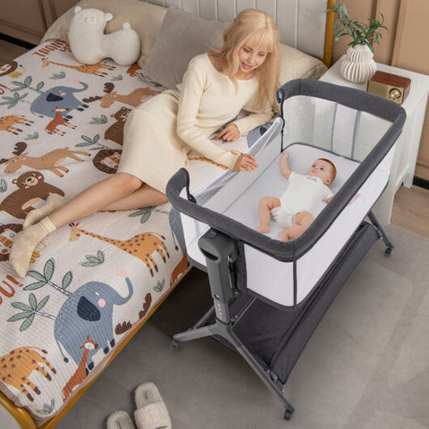 Höhenverstellbares Nachtbett mit Aufbewahrungstasche und weicher Matratze für Babys – Grau – Farbe: Grau