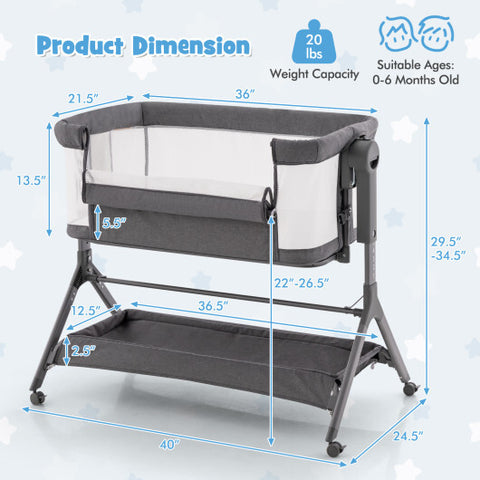 Cama junto a la cama de altura ajustable con bolsa de almacenamiento y colchón suave para bebé gris - Color: gris