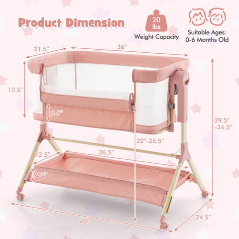 Höhenverstellbares Nachtbett mit Aufbewahrungstasche und weicher Matratze für Baby-Pink – Farbe: Pink