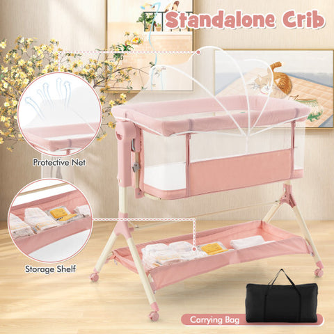 Höhenverstellbares Nachtbett mit Aufbewahrungstasche und weicher Matratze für Baby-Pink – Farbe: Pink