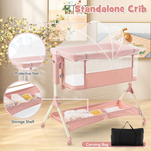 Height Adjustable Bedside Sleeper with Storage Bag and Soft Mattress for Baby-Pink - Color: Pink