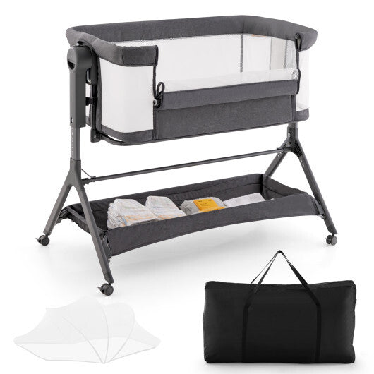 Height Adjustable Bedside Sleeper with Storage Bag and Soft Mattress for Baby-Pink