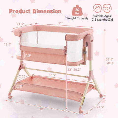 Height Adjustable Bedside Sleeper with Storage Bag and Soft Mattress for Baby-Pink