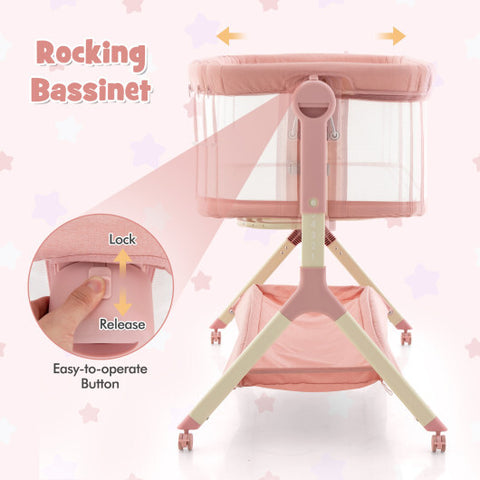 Height Adjustable Bedside Sleeper with Storage Bag and Soft Mattress for Baby-Pink