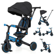 Triciclo para niños con dosel con asa de empuje ajustable y cinturón de seguridad de 3 puntos, azul - Color: azul