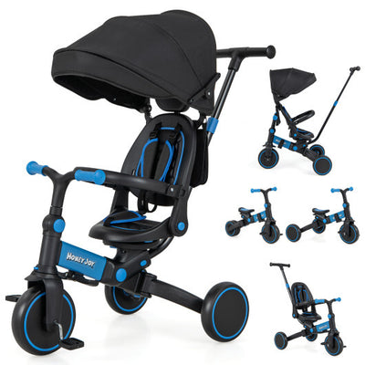 Triciclo para niños con dosel con asa de empuje ajustable y cinturón de seguridad de 3 puntos, azul - Color: azul