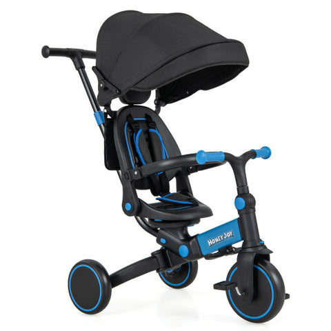 Triciclo para niños con dosel con asa de empuje ajustable y cinturón de seguridad de 3 puntos, azul - Color: azul