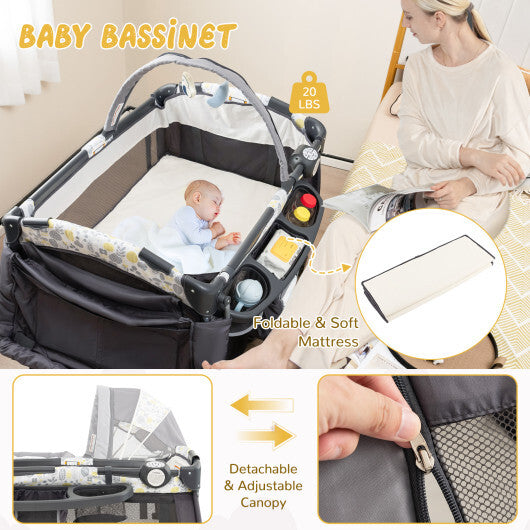 4 in 1 Portable Pack and Play Baby Nursery Center with Bassinet-Yellow - Color: Yellow