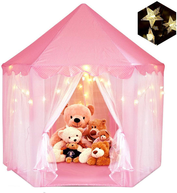 Tienda de campaña plegable portátil para interior y exterior con forma de castillo de princesa para niños, casa de hadas divertida para niños, tienda de juegos para niños (luces LED cálidas en forma de estrella)