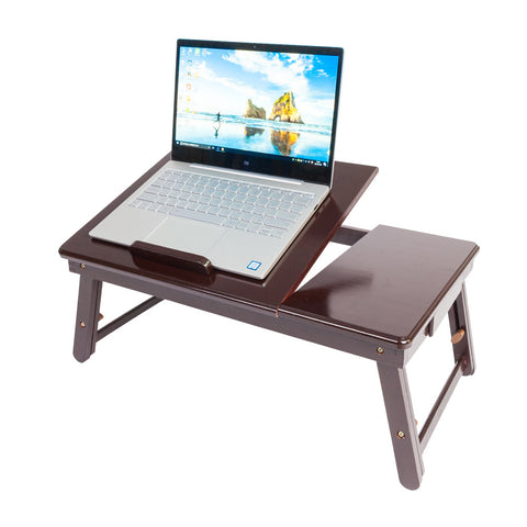 Mesa de escritorio para computadora portátil, bandeja plegable 100% de bambú ajustable para servir el desayuno, con cajón superior inclinable