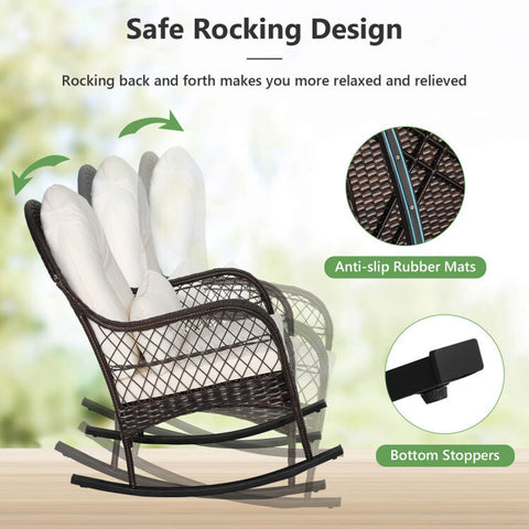 Patio Rattan Rocking Chair with Seat Back Cushions and Waist Pillow