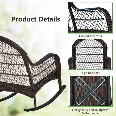 Patio Rattan Rocking Chair with Seat Back Cushions and Waist Pillow