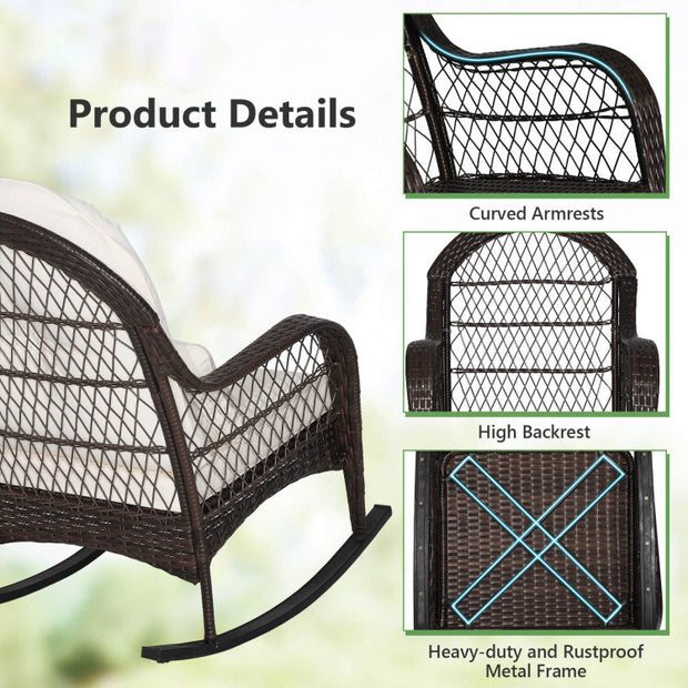 Terrassen-Rattan-Schaukelstuhl mit Sitzrückenkissen und Taillenkissen