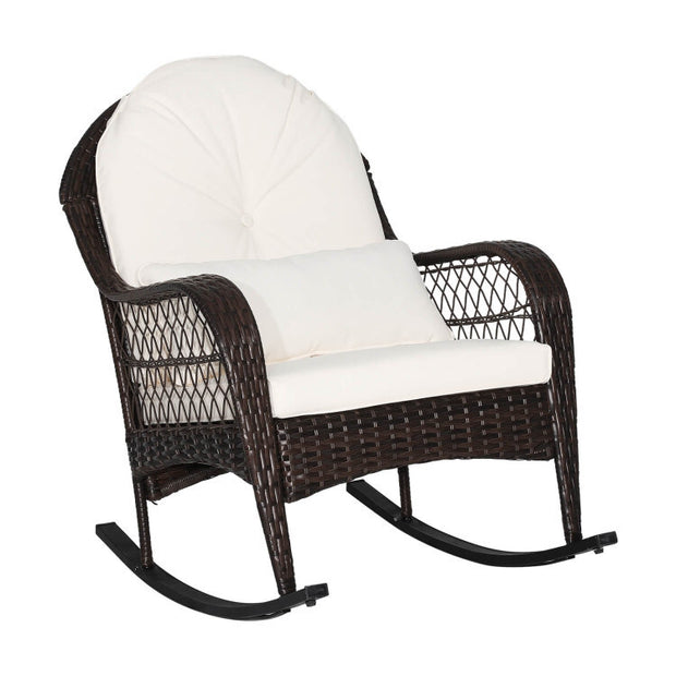 Patio Rattan Rocking Chair with Seat Back Cushions and Waist Pillow