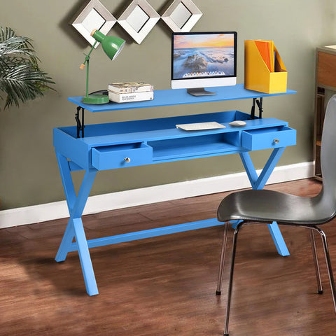 Hebetisch mit 2 Schubladen; Computertisch mit Hubtischplatte; Höhenverstellbarer Tisch für das Heimbüro; Wohnzimmer; BLAU