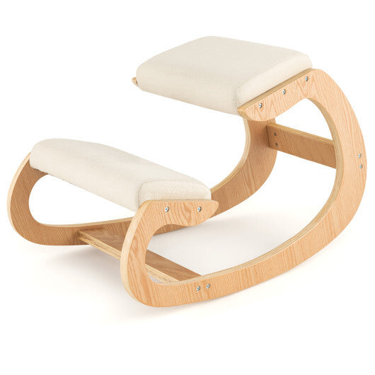 Wooden Rocking Chair with Comfortable Padded Seat Cushion and Knee Support-Beige - Color: Beige