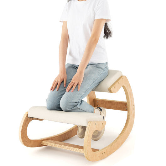 Holzschaukelstuhl mit bequem gepolstertem Sitzkissen und Kniestütze – Beige – Farbe: Beige