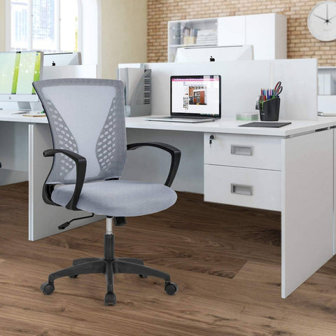 Silla de escritorio de oficina ergonómica de malla con respaldo medio, moderna, gris, con reposabrazos con ruedas