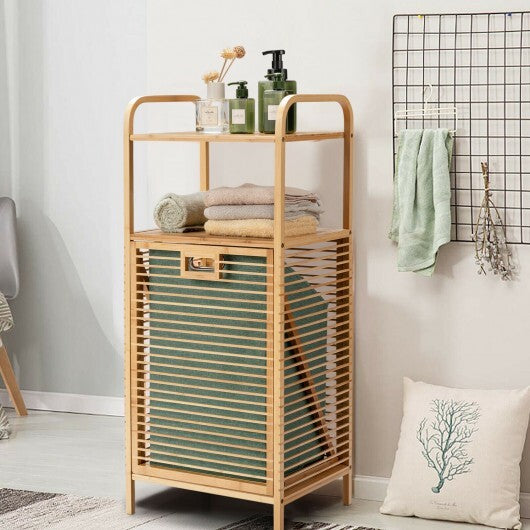 Tilt-out Bamboo Laundry Hamper  with 2-Tier Shelf and Removable Liner-Natural - Color: Natural