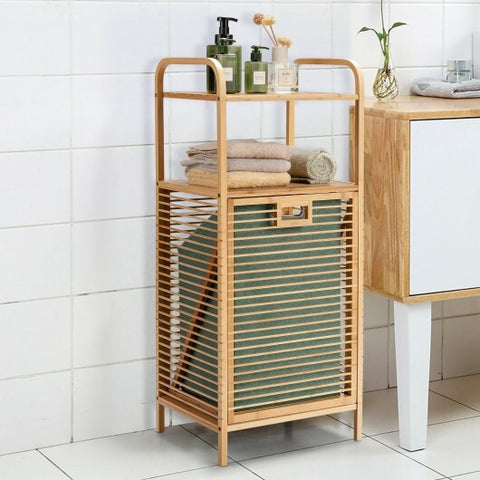 Tilt-out Bamboo Laundry Hamper  with 2-Tier Shelf and Removable Liner-Natural - Color: Natural