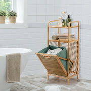 Tilt-out Bamboo Laundry Hamper  with 2-Tier Shelf and Removable Liner-Natural - Color: Natural