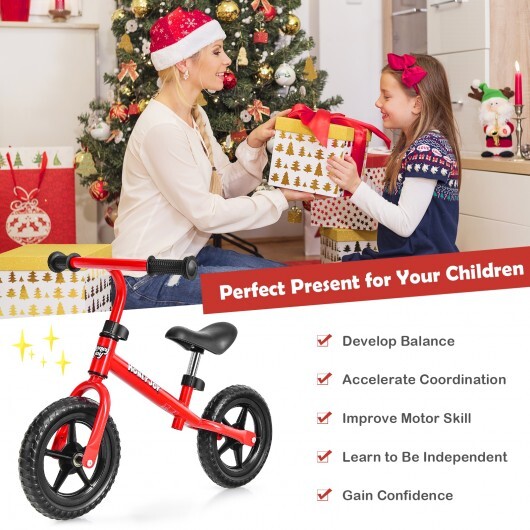 Kids No Pedal Balance Bike with Adjustable Handlebar and Seat-Red - Color: Red