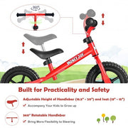 Kids No Pedal Balance Bike with Adjustable Handlebar and Seat-Red - Color: Red