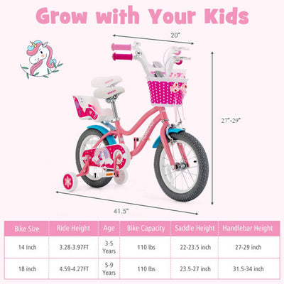 Bicicleta para niños con ruedas de entrenamiento y cesta para niños y niñas de 3 a 9 años - 14" - Color: Rosa - Talla: M
