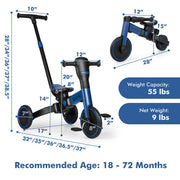 4-in-1 Kids Tricycle with Adjustable Parent Push Handle and Detachable Pedals-Blue - Color: Blue
