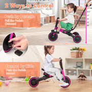 4-in-1 Kids Tricycle with Adjustable Parent Push Handle and Detachable Pedals-Pink - Color: Pink