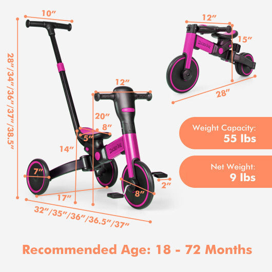 Triciclo para niños 4 en 1 con manija ajustable para padres y pedales desmontables, rosa - Color: rosa