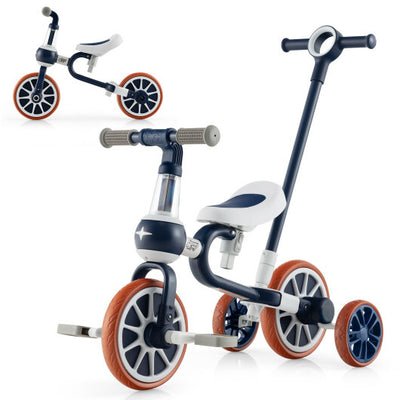 4-in-1-Kinder-Dreirad mit verstellbarem Schiebegriff für Eltern und Sitzhöhe – Marineblau – Farbe: Marineblau