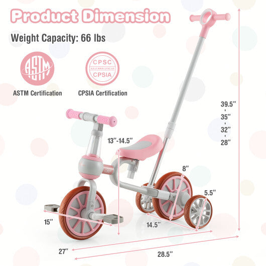 4-in-1 Kids Trike Bike with Adjustable Parent Push Handle and Seat Height-Pink - Color: Pink