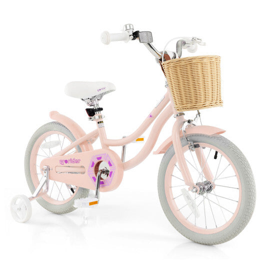 16-Inch Kids Bike with Training Wheels and Adjustable Handlebar Seat-Pink