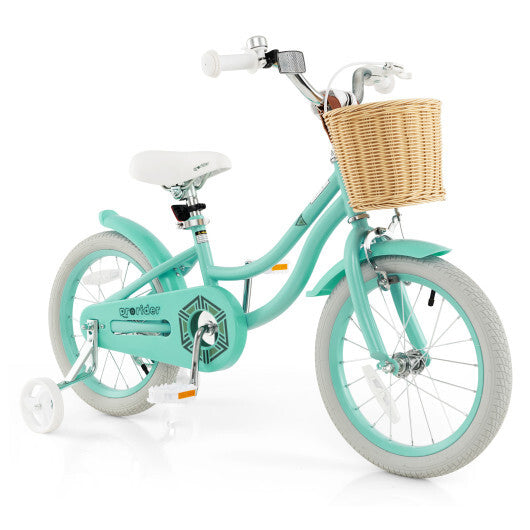 16" Kid's Bike with Training Wheels and Adjustable Handlebar Seat-Green - Color: Green - Size: 16 inches
