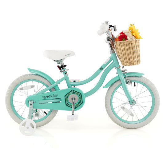16" Kid's Bike with Training Wheels and Adjustable Handlebar Seat-Green - Color: Green - Size: 16 inches