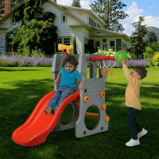 Juego de tobogán escalador 5 en 1 para niños pequeños con aro de baloncesto y telescopio - Color: Multicolor